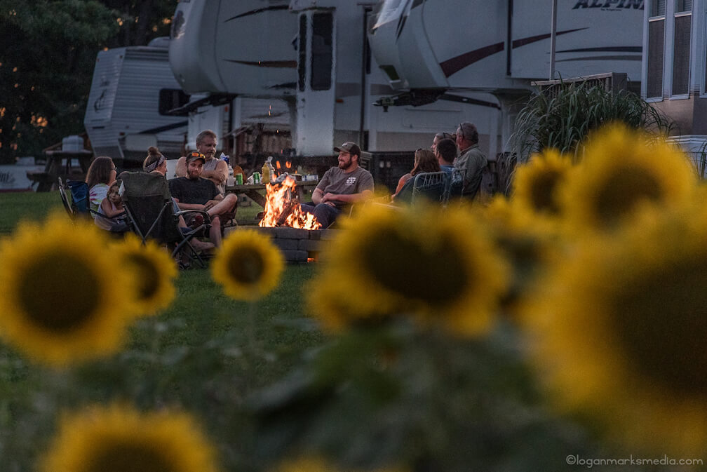 Sunflowers and family sitting around campfire